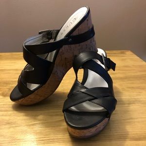 Guess black and cork wedge heels sz 7